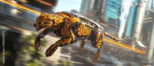 A cheetah runs through a futuristic city, with glowing neon lights and a blurred background.
