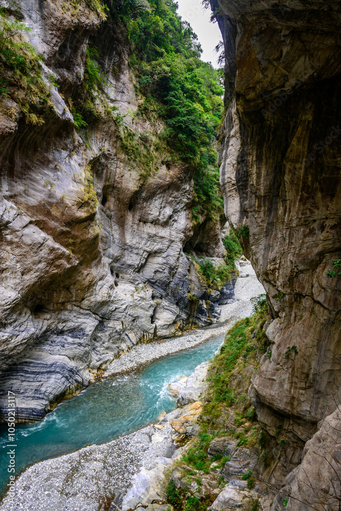 Emerald rivers and towering cliffs of Swallow Grotto and Yanzikou Trail in Taroko National Park, Taiwan Emerald rivers and towering cliffs of Swallow Grotto and Yanzikou Trail in Taroko National Park, Taiwan