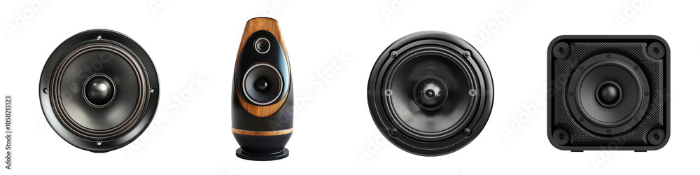 Collection of audio music speakers side view isolated on transparent or white background Collection of audio music speakers side view isolated on transparent or white background