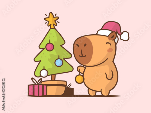 Cute capybara celebrating Christmas, decorating christmas tree with baubles vector cartoon illustration