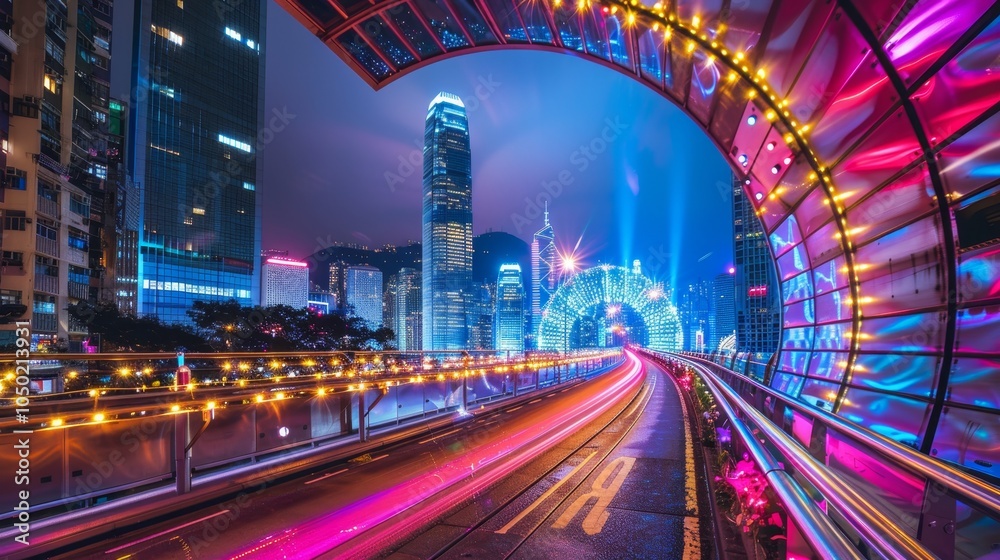 Fototapeta premium A glowing tunnel of bright lights transforms the cityscape into a festive exploration scene