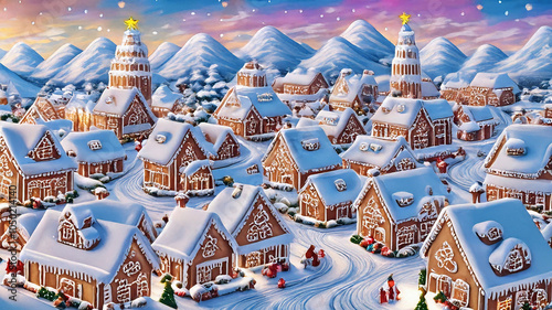 Christmas Gingerbread Village in a Joyful Cartoon Wonderland with Cheerful Decorations and Sparkling Details, Creating a Magical Festive Atmosphere