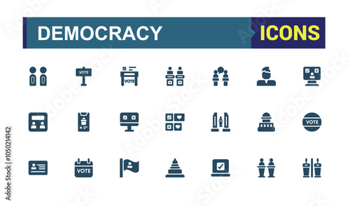 Democracy icons in filled style. Featuring set, voting, election, polling, choice, rights and more. Simple solid vector. Vector filled icons Collection.