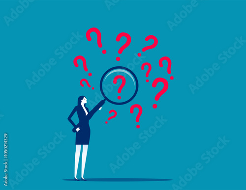 Problem analysis or problem management, analyze or investigate for root cause or incident, finding solution or discover threat or uncertain, businessman with magnifying glass analyze question marks.