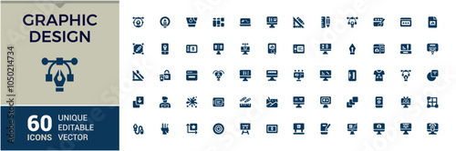 Graphic Design icon set. Related to background, digital design, paint brush, computer, graphic, color balance and more. Minimal filled icons. Editable glyph.