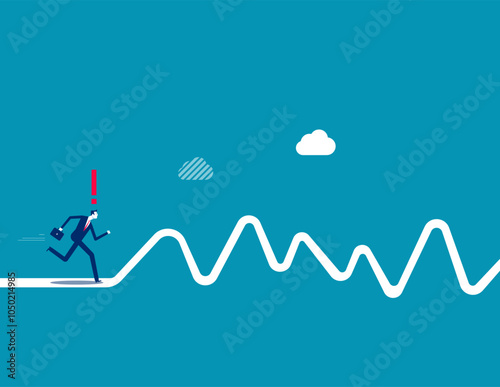 Rough road ahead, obstacle or tough situation to overcome, risk and uncertain, difficulty or problem solving, journey or effort to success concept, businessman run to new challenge rough road ahead.