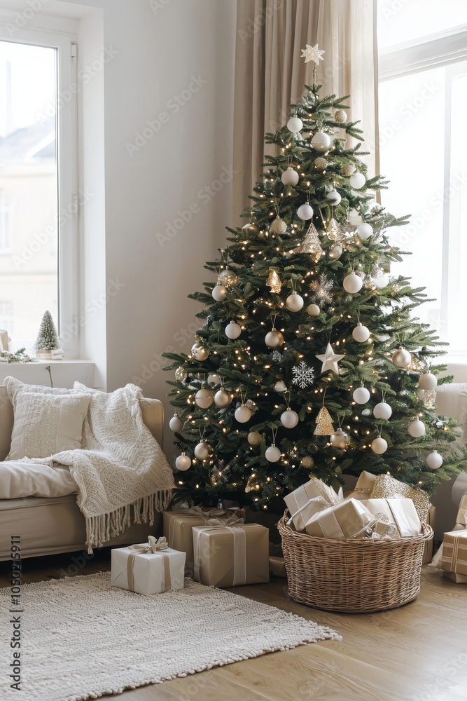 Fototapeta premium A Christmas tree adorned with white ornaments fills the living room, surrounded by neatly wrapped gifts and a cozy atmosphere.