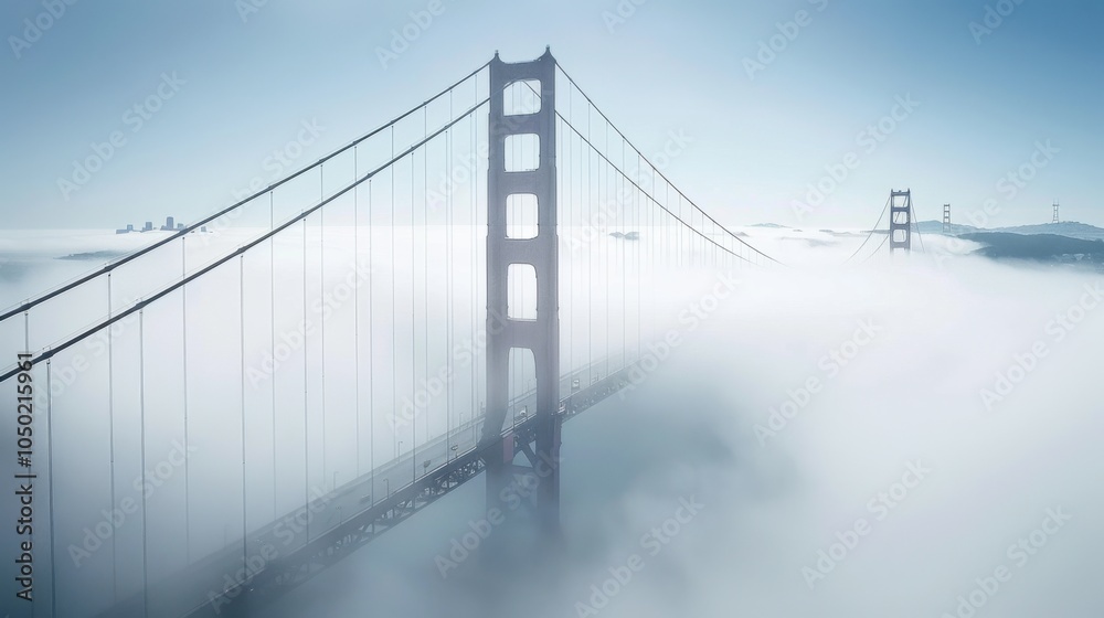 A captivating view of the Golden Gate Bridge shrouded in early morning fog, urban setting with dramatic atmosphere, Mysterious style A captivating view of the Golden Gate Bridge shrouded in early morning fog, urban setting with dramatic atmosphere, Mysterious style