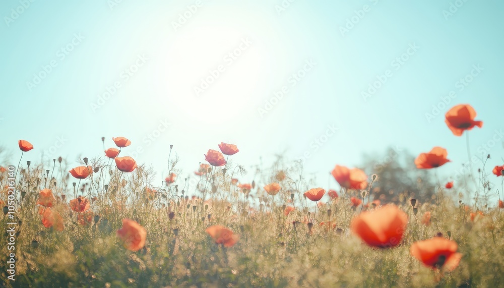 Obraz premium A serene landscape filled with vibrant red poppies swaying gently in the breeze under a bright blue sky. Perfect for capturing the essence of nature and tranquility.