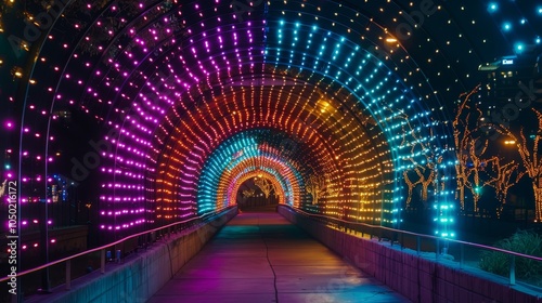 Stunning colorful tunnel lights create a vibrant nightscape perfect for urban holiday decor