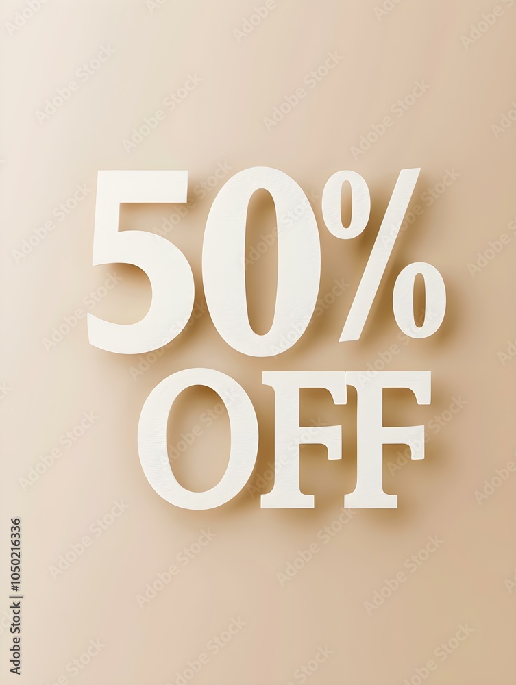 White '50% OFF' Promotional Sign on a Ivory Background White '50% OFF' Promotional Sign on a Ivory Background