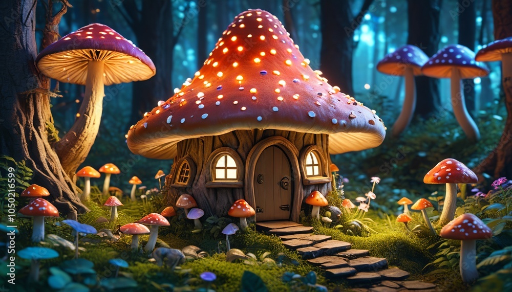 Obraz premium A whimsical fairy hut nestled among vibrant mushrooms and twinkling lights, surrounded by lush greenery in a magical forest, Generative AI