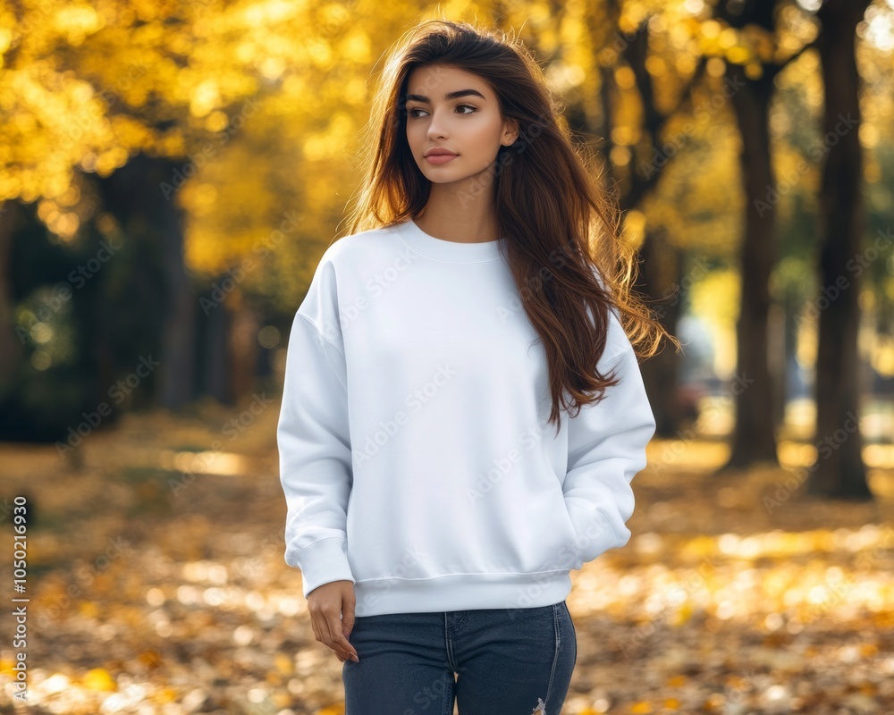 young pretty female in the outside fall background with a blank crewneck sweatshirt on. young pretty female in the outside fall background with a blank crewneck sweatshirt on.