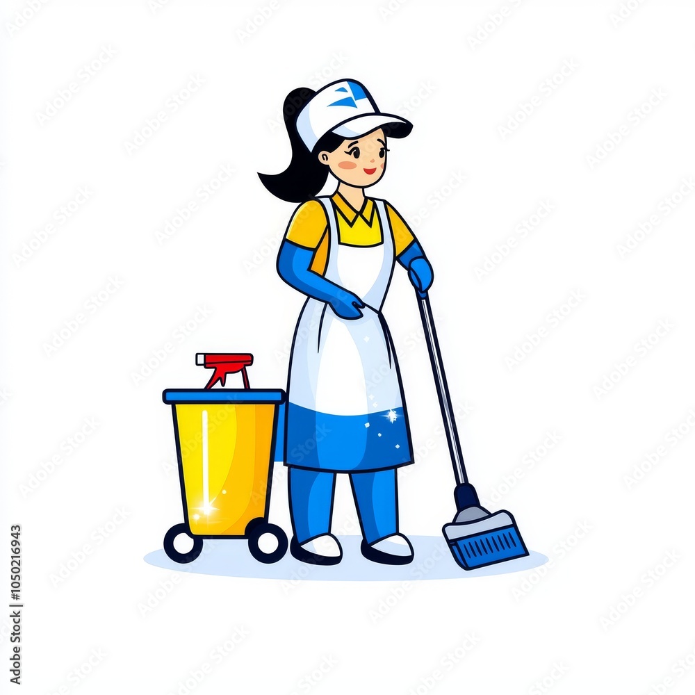 A young Asian woman in a cleaning uniform with a mop and a cleaning cart, ready to tackle any mess. A young Asian woman in a cleaning uniform with a mop and a cleaning cart, ready to tackle any mess.