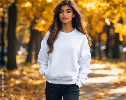 young pretty female in the outside fall background with a blank crewneck sweatshirt on. 