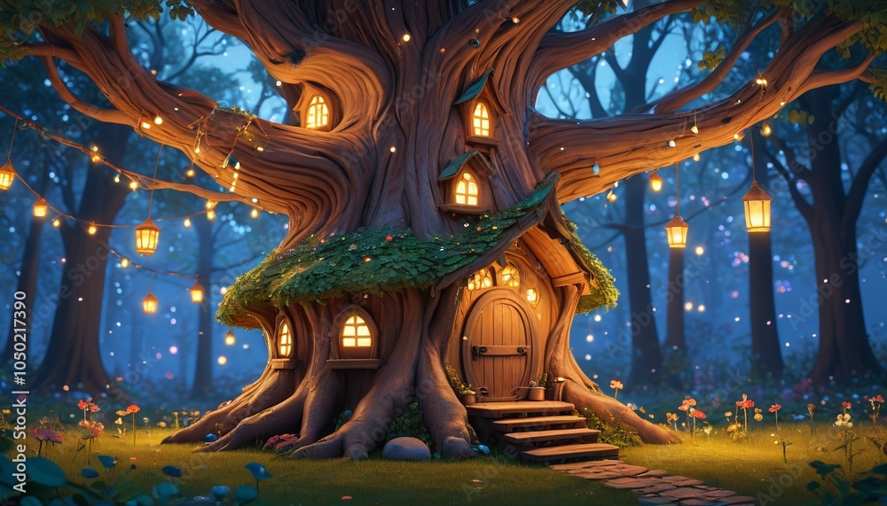 Obraz premium A cartoon-style fairy home built into the trunk of a giant tree, adorned with lanterns and surrounded by twinkling stars, Generative AI