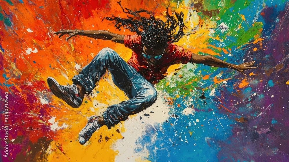 A man with long hair and sunglasses jumps into a colorful abstract background. A man with long hair and sunglasses jumps into a colorful abstract background.