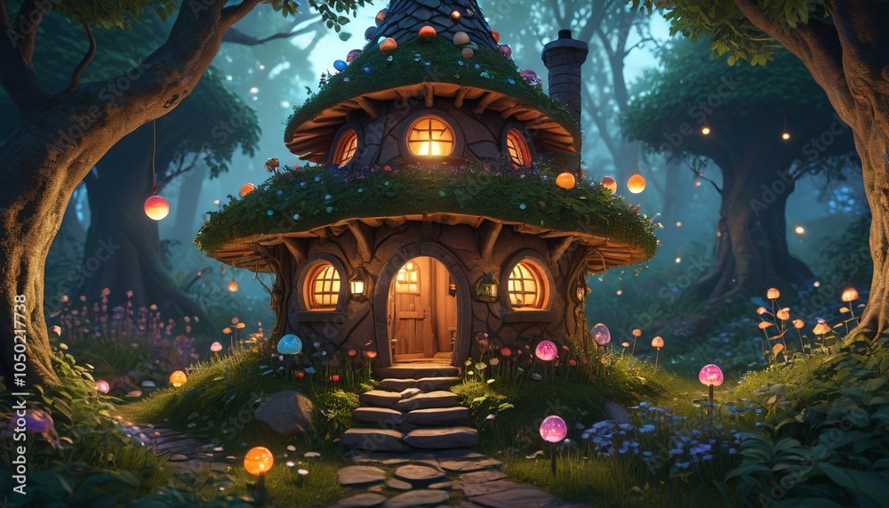 Obraz premium A mystical fairy hut with a whimsical chimney, surrounded by glowing orbs and lush greenery, creating a serene atmosphere, Generative AI
