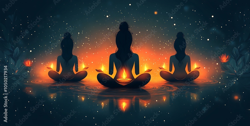 A serene gathering of women sitting in lotus position with flickering candles in front, creating a peaceful meditation space, A serene gathering of women sitting in lotus position with flickering candles in front, creating a peaceful meditation space,