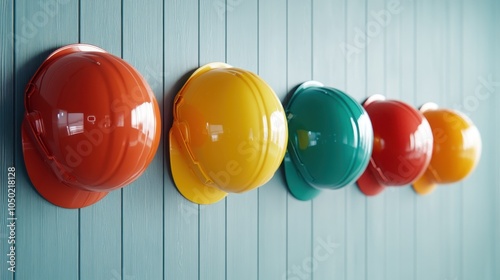 A series of colorful construction helmets are lined up against a blue wooden wall, highlighting organization and preparedness with vibrant hues and tactile textures. photo