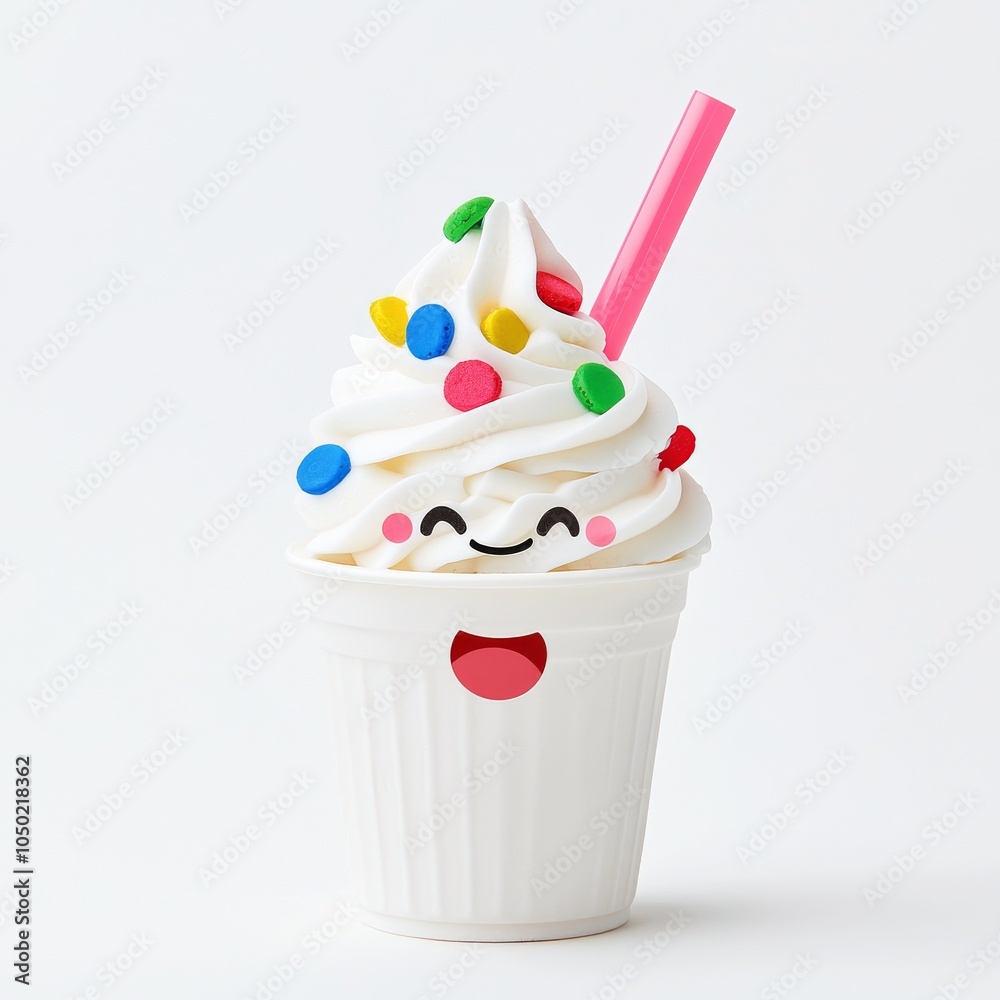 A cheerful, animated ice cream cup with colorful sprinkles and a pink straw, embodying joy and fun. A cheerful, animated ice cream cup with colorful sprinkles and a pink straw, embodying joy and fun.