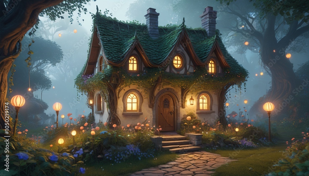 Fototapeta premium A magical fairy cottage surrounded by swirling mists and glowing orbs, with delicate vines wrapping around its charming architecture, Generative AI