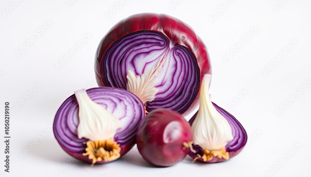 Fresh red onions with vibrant purple skin and white interiors on a bright background.