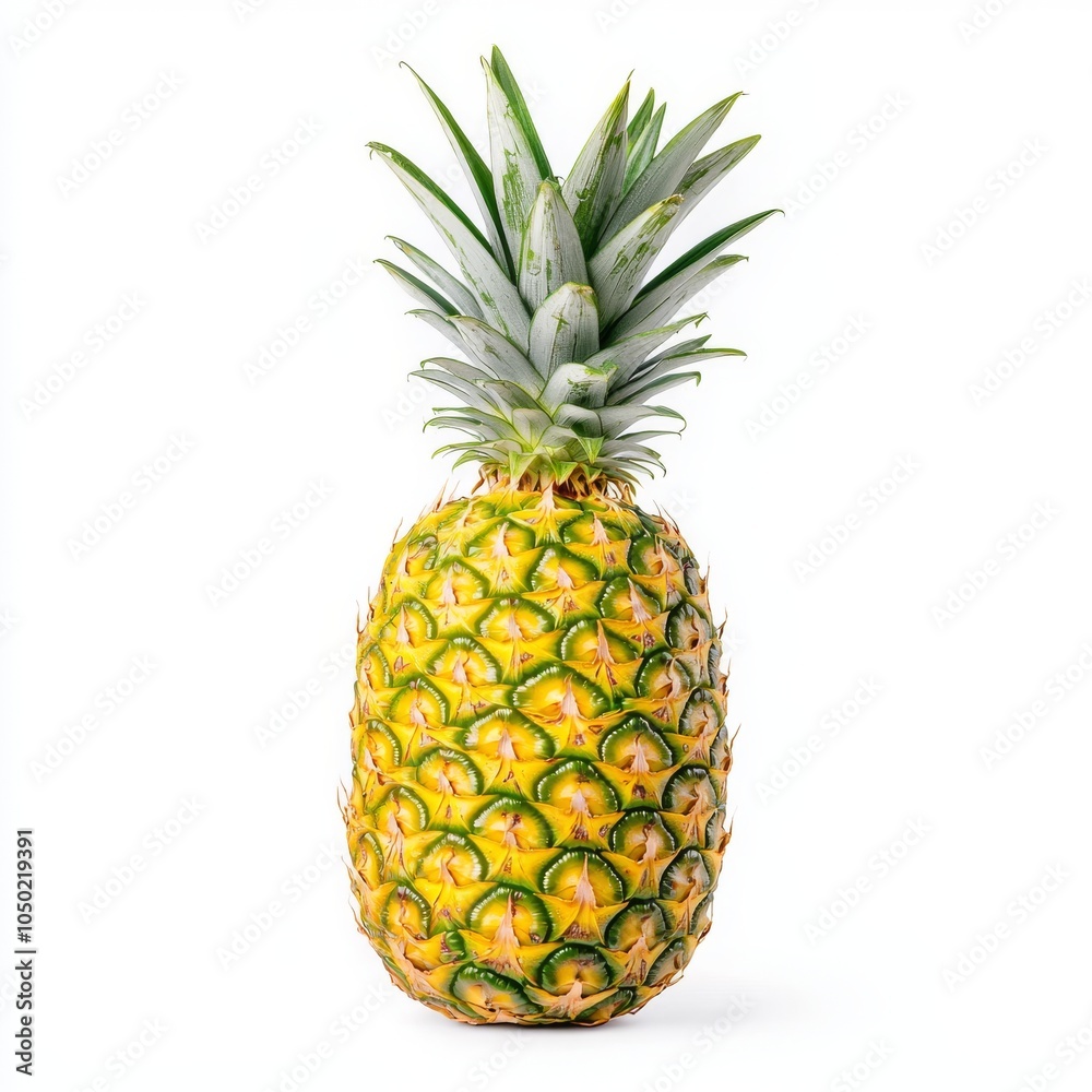 Fresh pineapple with a vibrant yellow exterior and green crown against a white background. Fresh pineapple with a vibrant yellow exterior and green crown against a white background.