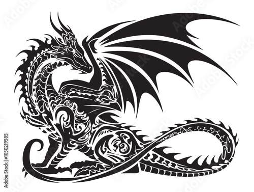 Ornate dragon silhouette, dragon drawing in 90s, early 2000s motif. Isolated black figure of mythical creature — graphic design element, tattoo sketch. Black and white vector illustration.