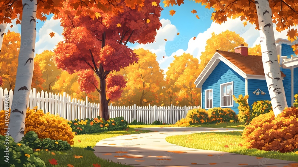 Obraz premium Autumnal House with White Fence and Colorful Trees