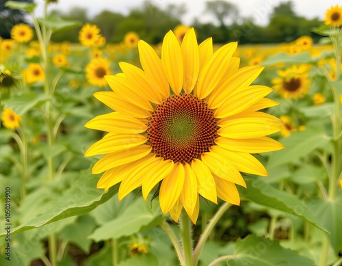 A vibrant sunflower stands tall in a field filled with similar blooms.