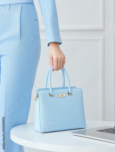 A close-up shot of a baby blue handbag on a white table with a woman's hand in a blue pantsuit in a luxury business setting
