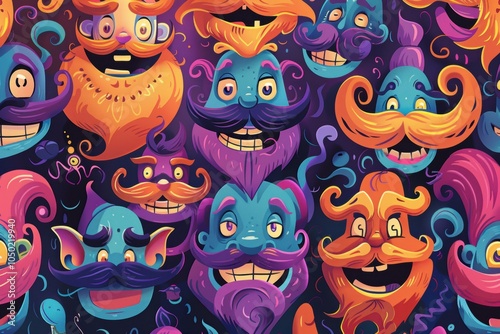 Whimsical Mustache Styles: Playful Cartoon Characters in Colorful Illustration