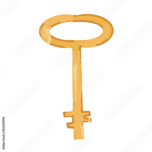 Key for witch rituals. Vector illustration old golden key in cartoon style.