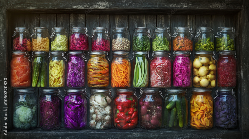 Colorful Jars of Fermented Vegetables on Wooden Shelf Colorful Jars of Fermented Vegetables on Wooden Shelf