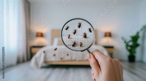 A woman's hand examines bed bugs under a magnifying glass in a cozy bedroom filled with warm light and inviting decor