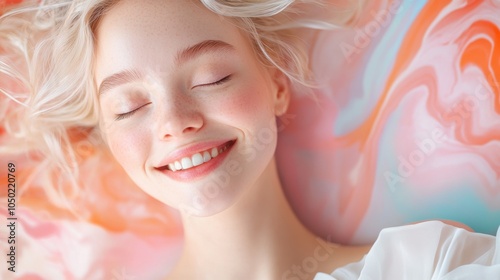 Joyful caucasian blonde woman is surrounded by vibrant marble texture colorful background and some.bokeh lights, her smile full of energy. The playful scene fits themes of celebration and fun.