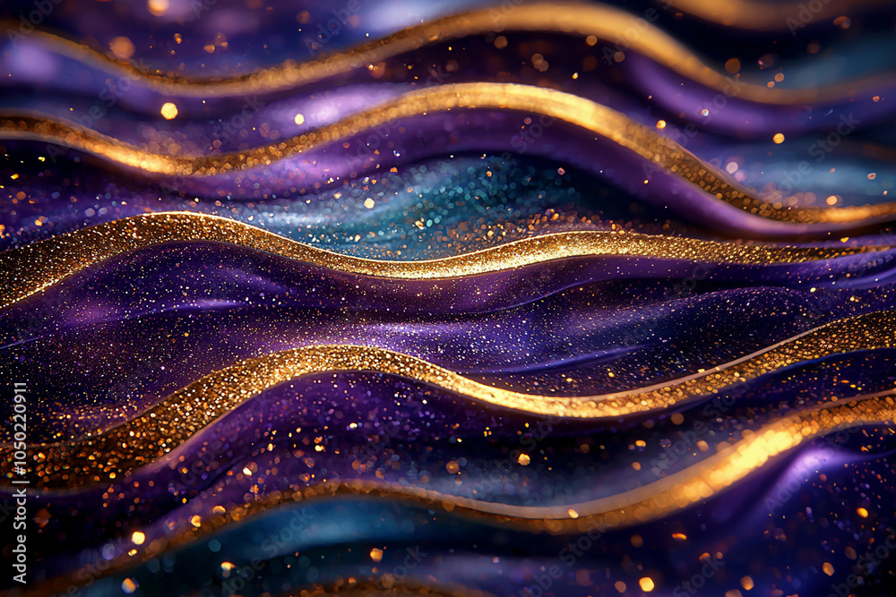 Glitter Violet Blue Gold Wave Stripes Design. Shiny golden moving lines design element on dark background Glitter Violet Blue Gold Wave Stripes Design. Shiny golden moving lines design element on dark background