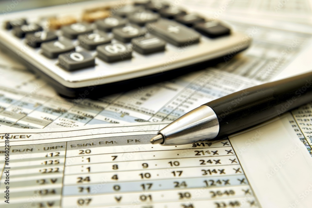 Pen and calculator resting on financial report showing data and numbers, concept for business, finance and accounting Pen and calculator resting on financial report showing data and numbers, concept for business, finance and accounting