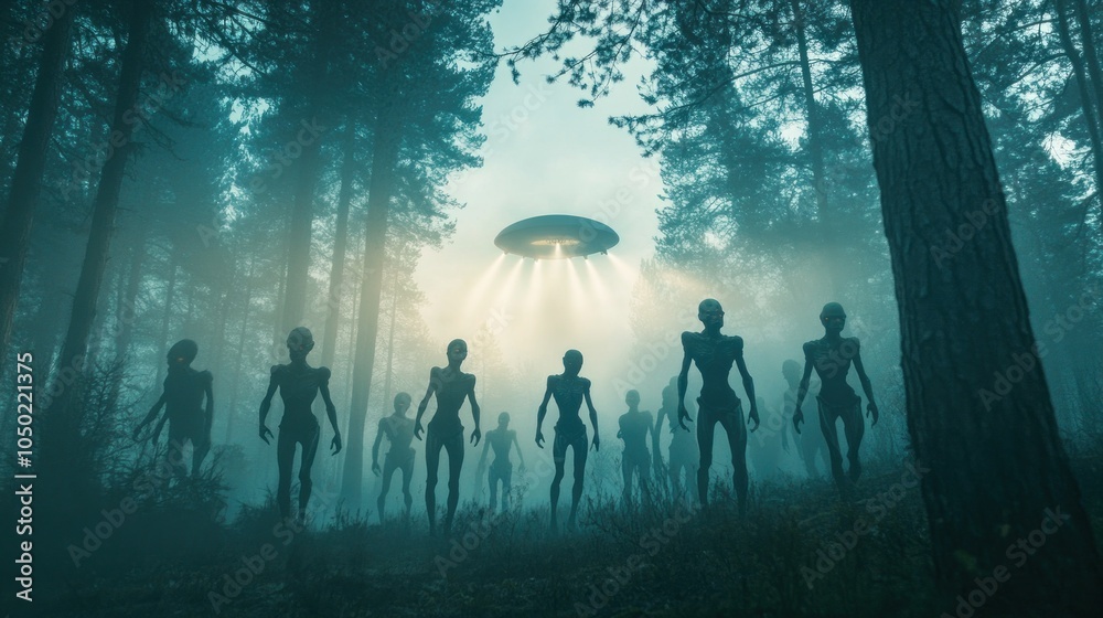 A group of alien figures under a UFO in a misty forest setting. A group of alien figures under a UFO in a misty forest setting.