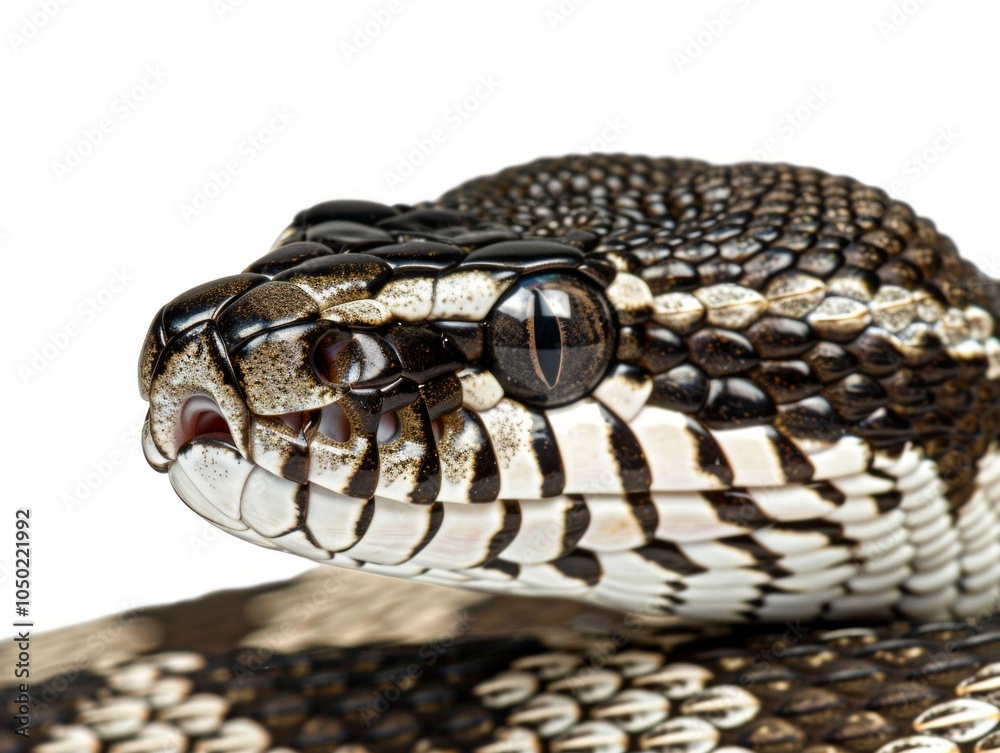 The Black headed Python displays a striking blend of dark and patterned scales coiled elegantly on a smooth white surface highlighting its stunning details and textures.