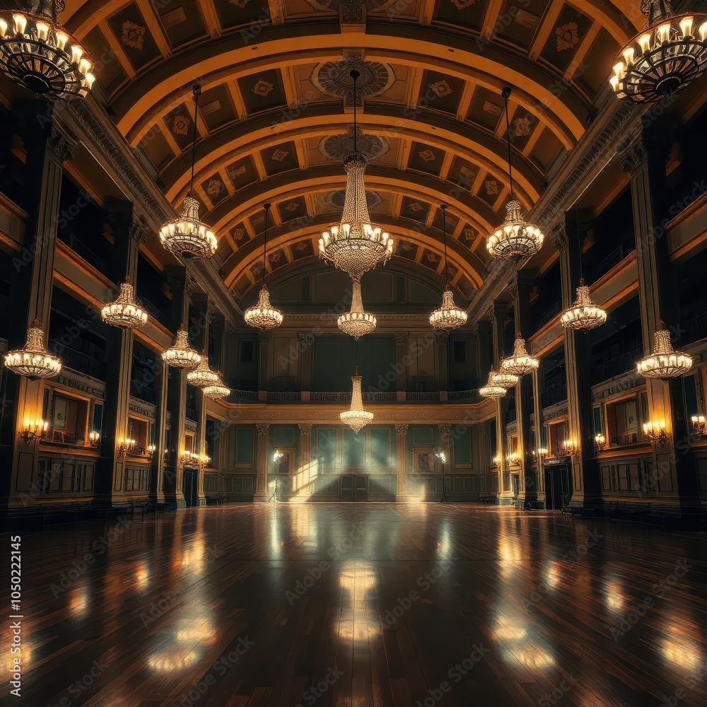 Obraz premium An Empty Venue Hall Captured in Striking Detail Amidst a Symphony of Light and Shadows during Nighttime