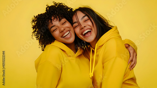 Hoodie Mockup - Two smiling individuals wearing yellow hoodies against a bright yellow background.