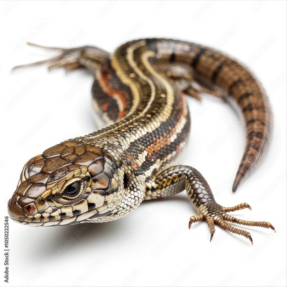 Black lined Plated Lizard rests in basking position vibrant armored scales glistening softly in light providing glimpse of its intricate patterns against a white backdrop. Black lined Plated Lizard rests in basking position vibrant armored scales glistening softly in light providing glimpse of its intricate patterns against a white backdrop.