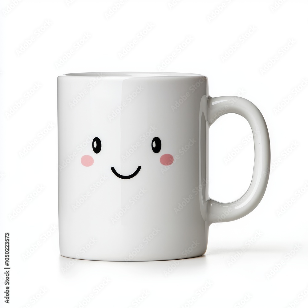 A cheerful white ceramic mug with a cute smiling face, perfect for brightening up your morning routine. A cheerful white ceramic mug with a cute smiling face, perfect for brightening up your morning routine.