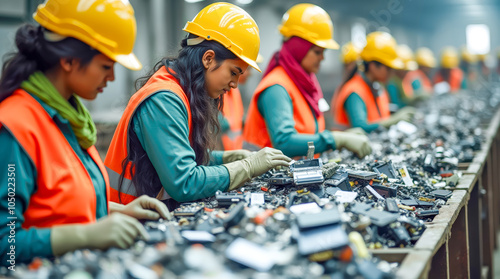 Factory workers in protective gear assembling electronic components on a production line. Teamwork and industrial precision in a modern manufacturing facility photo