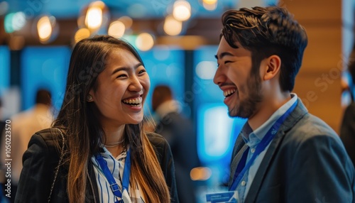 Asian and Caucasian teenager chatting before a seminar, showcasing curiosity and eagerness to learn, ideal for promoting cross-cultural collaboration at professional events. photo