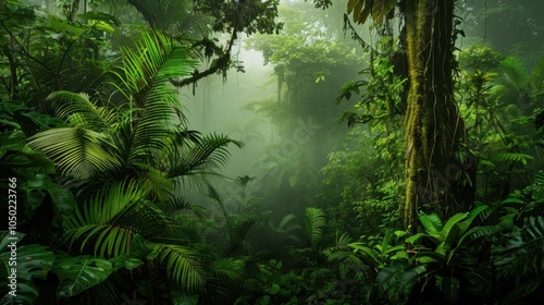 A captivating view of the lush rainforests of Costa Rica with dense foliage and a misty atmosphere, jungle setting with vibrant greenery, Mystical style