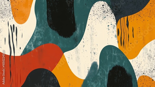 Wallpaper Mural Abstract painting with organic shapes in warm colors like orange and red, overlaid with a textured teal. Torontodigital.ca