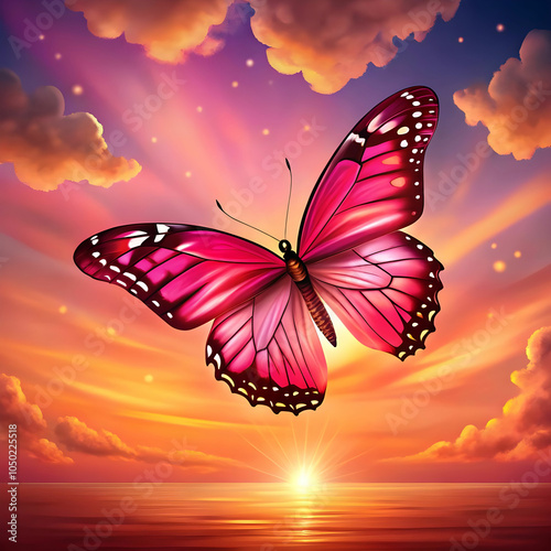 pink butterfly flying on sunset hues vector sublim photo